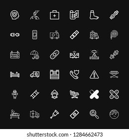 Editable 36 accident icons for web and mobile. Set of accident included icons line Injured, Disaster, Bandage, Crutch, Ambulance, Gurney, Plaster, Patch, Stretcher on black background