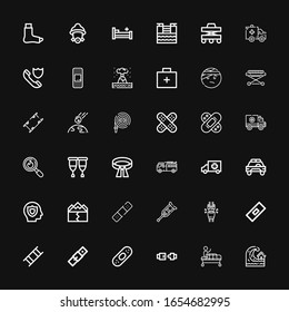 Editable 36 accident icons for web and mobile. Set of accident included icons line Tsunami, Gurney, Seat belt, Plaster, Belt, Stretcher, Bandage, Seatbelt on black background