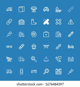 Editable 36 accident icons for web and mobile. Set of accident included icons line Crutch, Tsunami, Warning, Firefighter, Plaster, Ambulance, Emergency sign on blue background