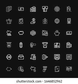 Bearbeitbare 36 Account-Icons für Web und Mobile. Account-Inklusive Icons-Zeile Vorschlag, Karten, ATM, Piggy Bank, Dollar, Safe Depot, Login, Rechnung, Währung auf schwarzem Hintergrund
