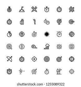 Editable 36 accuracy icons for web and mobile. Set of accuracy included icons line Target, Goals, Stopwatch, Archery, Stopclock, Dartboard, Goal, Measuring tape on white background