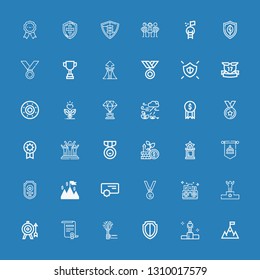 Editable 36 achievement icons for web and mobile. Set of achievement included icons line Goal, Winning, Shield, Torch, Certificate, Podium, Competition, Medals on blue background