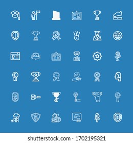 Editable 36 achievement icons for web and mobile. Set of achievement included icons line Shield, Torch, Diploma, Growth, Goal, Medal, Choice, Trophy, Competition on blue background