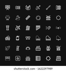 Editable 36 acoustic icons for web and mobile. Set of acoustic included icons line Philharmonic, Tambourine, Accordion, Drum, Itunes, Piano, Harp, Metronome on black background