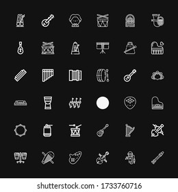 Editable 36 acoustic icons for web and mobile. Set of acoustic included icons line Flute, Singing, Cello, Ocarina, Guiro, Drum, Harp, Guitar, Tambourine, Piano on black background