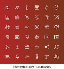 Editable 36 action icons for web and mobile. Set of action included icons line Paintball, Badminton, Skydiving, Bell, Surf, Sharing, Share, Skateboarding, Clapper, Slide on red