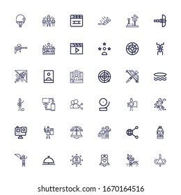 Editable 36 Action Icons For Web And Mobile. Set Of Action Included Icons Line Bell, Paintball, Share, Actress, Gopro, Jumping, Surfing, Sync, Football Player On White Background