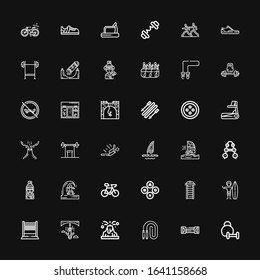 Editable 36 active icons for web and mobile. Set of active included icons line Weightlifting, Resistance band, Jumping rope, Volcano, Bungee jumping, Volleyball on black background