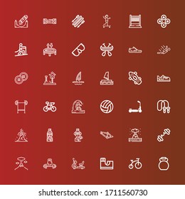 Editable 36 active icons for web and mobile. Set of active included icons line Kettlebell, Bike, Skate park, Stationary bike, Weightlifting, Volcano, Barbell, Eruption on red