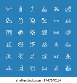 Editable 36 active icons for web and mobile. Set of active included icons line Jumping rope, Windsurf, Stationary bike, Pushup, Treadmill, Weightlifting, Goggle on blue background