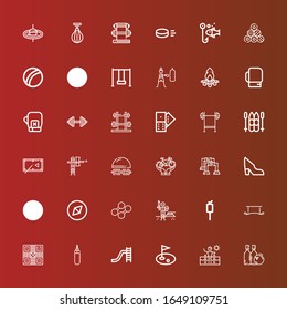 Editable 36 activity icons for web and mobile. Set of activity line icons including: Bowling, Swimming pool, Golf, Toboggan, Punching bag, Game, Exercise, Marshmallow, Paintball on red