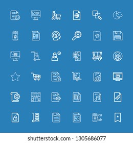 Editable 36 add icons for web and mobile. Set of add included icons line Bookmark, Online shopping, File, Trolley, Online shop, Shopping cart, Favourite, Customer on blue background