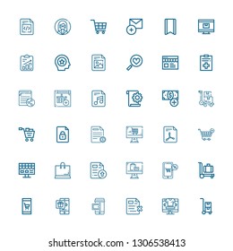 Editable 36 add icons for web and mobile. Set of add included icons line Trolley, Online shop, File, Shopping, Shopping cart, Add button, Favorites, Favorite on white background
