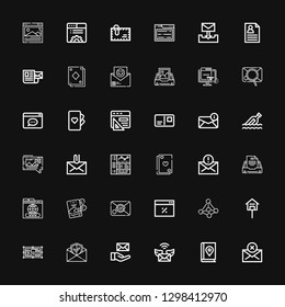 Editable 36 address icons for web and mobile. Set of address included icons line Mail, Map book, Email, Browser, Mailbox, Contact, Invitation, Domain, Cards on black background