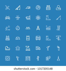 Editable 36 adventure icons for web and mobile. Set of adventure included icons line Compass, Hot air balloon, Pirate, Metal detector, Oxygen, Caravan, Camp on blue background