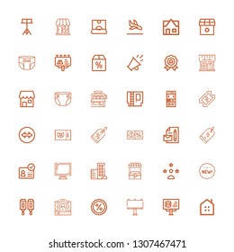 Editable 36 advertising icons for web and mobile. Set of advertising included icons line Real estate, Billboard, Discount, Influencer, Cartridge, New, Stand on white background