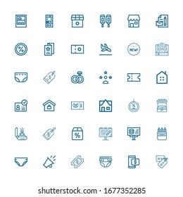 Editable 36 iconos publicitarios para web y móvil. Conjunto de anuncios incluidos íconos línea Descuentos, Descuento, Papel, Cupón, Promoción, Caja de lápiz, Cartón sobre fondo blanco