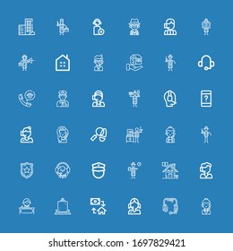 Editable 36 agent icons for web and mobile. Set of agent included icons line Call center, Headset, Mortgage, Detective, Receptionist, Real estate, Policeman on blue background