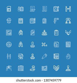 Editable 36 agreement icons for web and mobile. Set of agreement included icons line Stamp, Handshake, Hand, List, Smoke bomb, Contract, Deal, Clipboard, Subscript on blue background