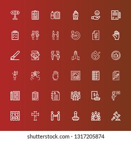 Editable 36 agreement icons for web and mobile. Set of agreement included icons line Auction, Meeting, Stamp, Agreement, Cross, Greeting, Contract, Clipboard, Sheet, Test on red