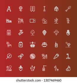 Editable 36 agriculture icons for web and mobile. Set of agriculture included icons line Aubergine, Gardener, Honey, Chicken, Corn, Garden, Cane, Carrot, Pruning shears on red