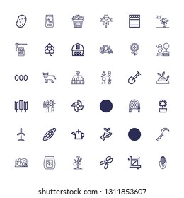 Editable 36 agriculture icons for web and mobile. Set of agriculture included icons line Corn, Crop, Pruning shears, Sprout, Seed bag, Hill, Sickle, Watering can on white background