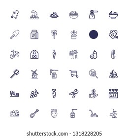 Editable 36 agriculture icons for web and mobile. Set of agriculture included icons line Windmill, Mower, Honey, Strawberry, Shovel, Hill, Farming, Sprout on white background