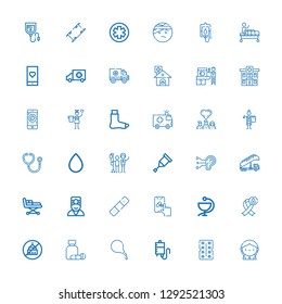 Editable 36 aid icons for web and mobile. Set of aid included icons line Donor, Antibiotic, Blood transfusion, Enema, Medicine, Ngo, Blood donation, Pharmacy on white background