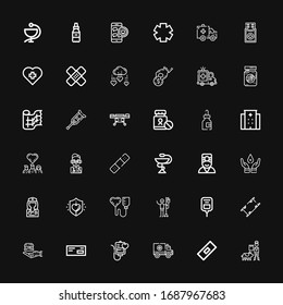 Editable 36 Aid Icons For Web And Mobile. Set Of Aid Included Icons Line Veterinarian, Bandage, Ambulance, Blood Transfusion, Medicine, Food Donation, Stretcher On Black Background