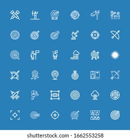 Editable 36 aim icons for web and mobile. Set of aim included icons line Target, Audience, Archery, Focus, Radar, Goal, Dartboard, Water gun, Darts, Slingshot on blue background