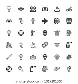 Editable 36 air icons for web and mobile. Set of air included icons line Balloon, Helicopter, Oxygen, Spray, Beach ball, Skii, Gas mask, Fan, Mask, Airport on white background