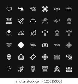 Editable 36 aircraft icons for web and mobile. Set of aircraft included icons line Airplane, Vehicle, Seats, Flight information, Origami, Terror, Helicopter on black background