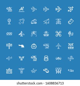 Editable 36 aircraft icons for web and mobile. Set of aircraft included icons line Aeroplane, Seats, Helicopter, Origami, Drone, Airplane, Pilot, Aircraft, Carrier on blue background