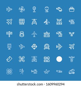 Editable 36 aircraft icons for web and mobile. Set of aircraft included icons line Stair truck, Aeroplane, Origami, Helicopter, Terror, Drone, Arrival, Departures on blue background