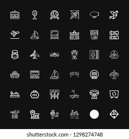 Editable 36 airplane icons for web and mobile. Set of airplane included icons line Origami, Arrival, Boat, Control tower, Airport, Plane, Container, Belt, Seats on black background