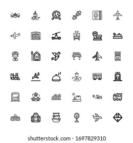 Editable 36 iconos de avión para web y móvil. Conjunto de avión incluido íconos línea Origami, avión, aeropuerto, contenedor, transporte, tranvía, tren, avión sobre fondo blanco