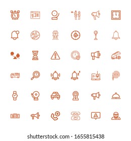 36 iconos de alarma editables para web y móvil. Conjunto de alarmas incluye iconos línea Guardaespaldas, Notificación, Llamada de emergencia, Megáfono, reloj digital, Campana, Relojes en fondo blanco