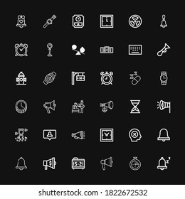 36 iconos de alarma editables para web y móvil. Conjunto de alarmas incluido iconos línea Snooze, Timer, Megaphone, reloj de alarma, Notificación, Campana, Fracaso, Clocks, Hourglass sobre fondo negro