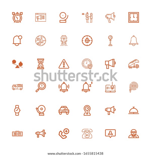 Editable 36 alarm icons\
for web and mobile. Set of alarm included icons line Bodyguard,\
Notification, Emergency call, Megaphone, Digital clock, Bell,\
Clocks on white\
background