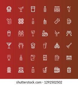 Editable 36 alcohol icons for web and mobile. Set of alcohol included icons line Beer can, Beer, Drink, Bottle, Bar, Drinks, Malt, Champagne, Balalaika, Toast, Cocktail on red
