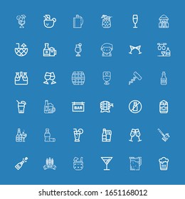 Editable 36 alcohol icons for web and mobile. Set of alcohol included icons line Beer, Cocktail, Champagne, Soda can, Cola, Beer can, No liquids, Bar, Drink on blue background
