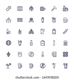 Editable 36 alcohol icons for web and mobile. Set of alcohol included icons line Drink, Cocktail, No liquids, Beer, Barrels, No alcohol, Grapes, Bar, Champagne glass on white background