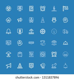 Editable 36 alert icons for web and mobile. Set of alert included icons line Bell, Trojan, Alarm, Security, Cone, Megaphone, Shocked, No photo, Radiation, Amplifier on blue background