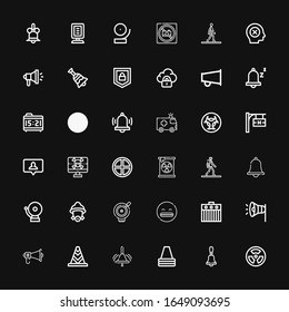 Editable 36 alert icons for web and mobile. Set of alert included icons line Radiation, Bell, Cone, Megaphone, Amplifier, Shocked, Firefighter, Alarm, Notification on black background