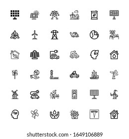 Editable 36 alternative icons for web and mobile. Set of alternative included icons line Eco, Tesla, Solar energy, Ecology, Windmill, Solar panel, Massage on white background