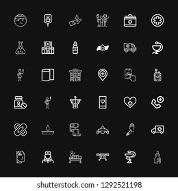 Editable 36 ambulance icons for web and mobile. Set of ambulance included icons line Medicine, Pharmacy, Stretcher, Gurney, Nurse, Health, Ambulance, Blood donation on black background