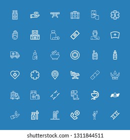 Editable 36 ambulance icons for web and mobile. Set of ambulance included icons line Stretcher, Nurse, Emergency call, Hospital, Medicine, Blood donation, Bandage on blue background