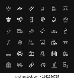 Editable 36 ambulance icons for web and mobile. Set of ambulance included icons line Pharmacy, Hospital, Ambulance, Bandage, Nurse, Medical, Blood test, Stretcher on black background