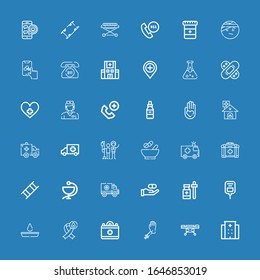 Editable 36 ambulance icons for web and mobile. Set of ambulance included icons line Hospital, Stretcher, Blood donation, Medical, Blood test, Saline, Medicine on blue background