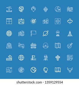 Editable 36 america icons for web and mobile. Set of america included icons line Buffalo, Map, Globe, Earth, Quesadilla, Space needle, Park ranger, Flags, Headdress on blue background